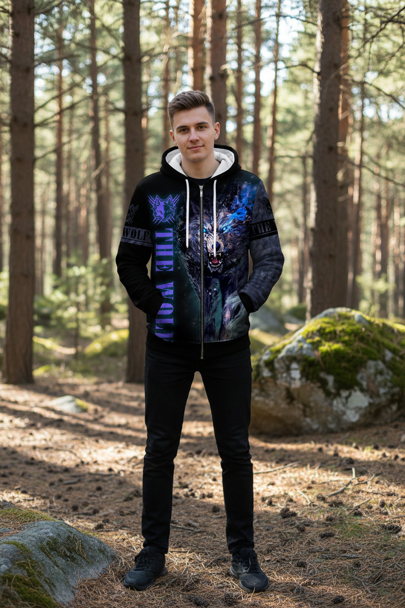 Black hoodie with a wolf design and text on a white background