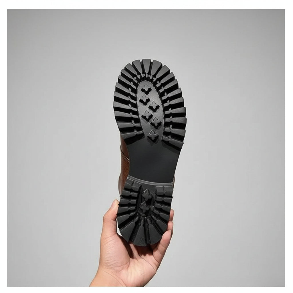 Person holding a black rubber sole of a shoe against a wooden floor.