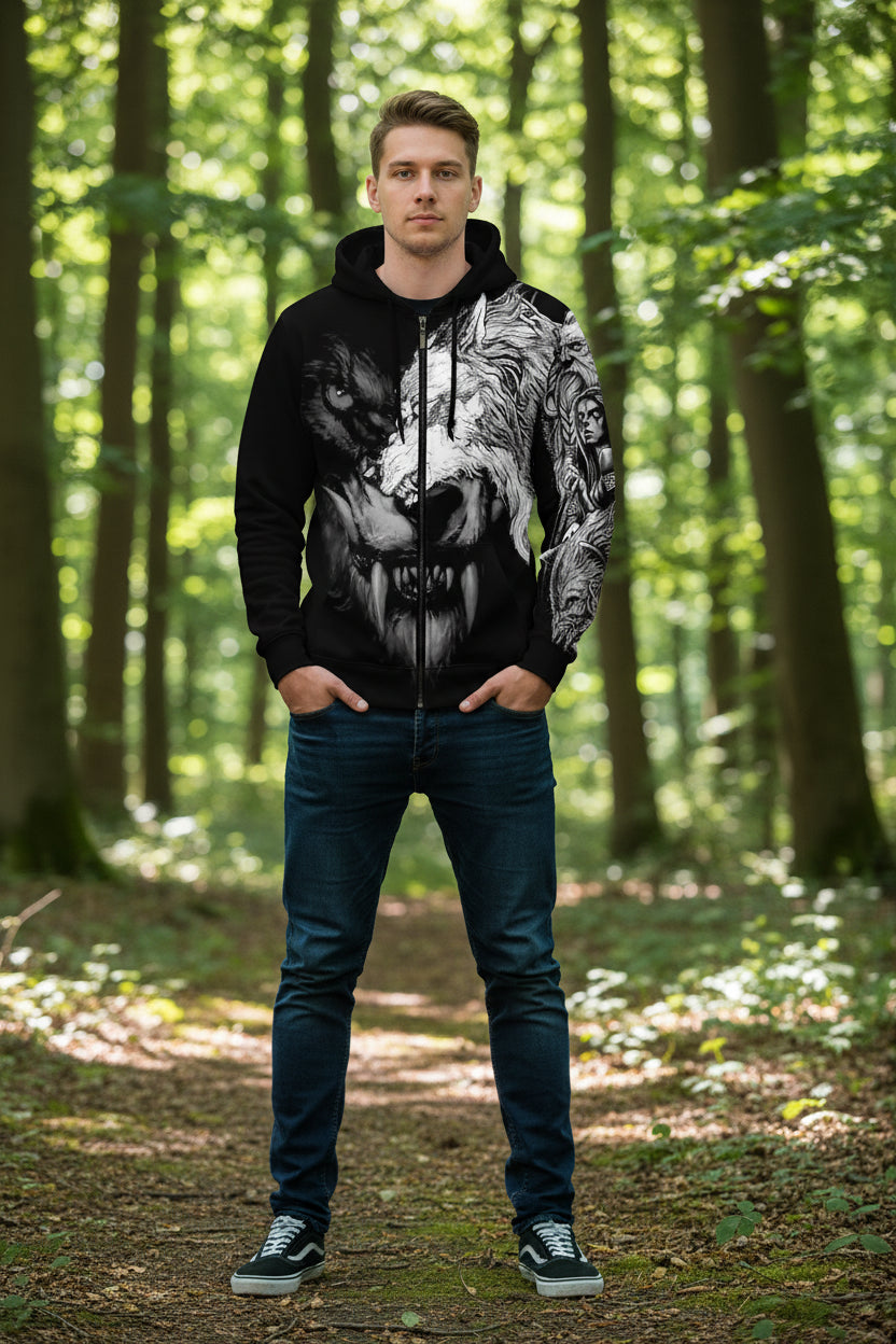Black hoodie with a graphic design of a lion and wolf融合, featuring a warrior and tribal elements.