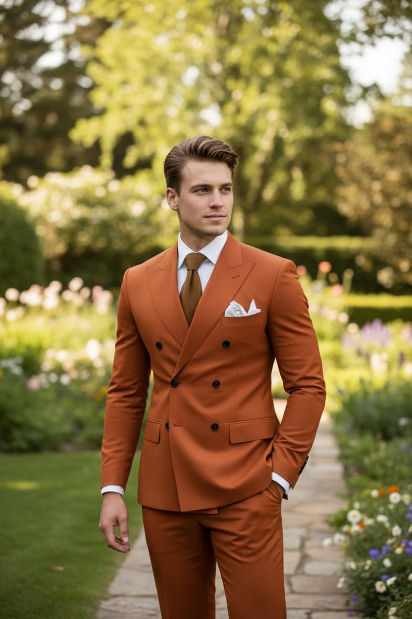 Orange suit with a white shirt and brown tie on a white background