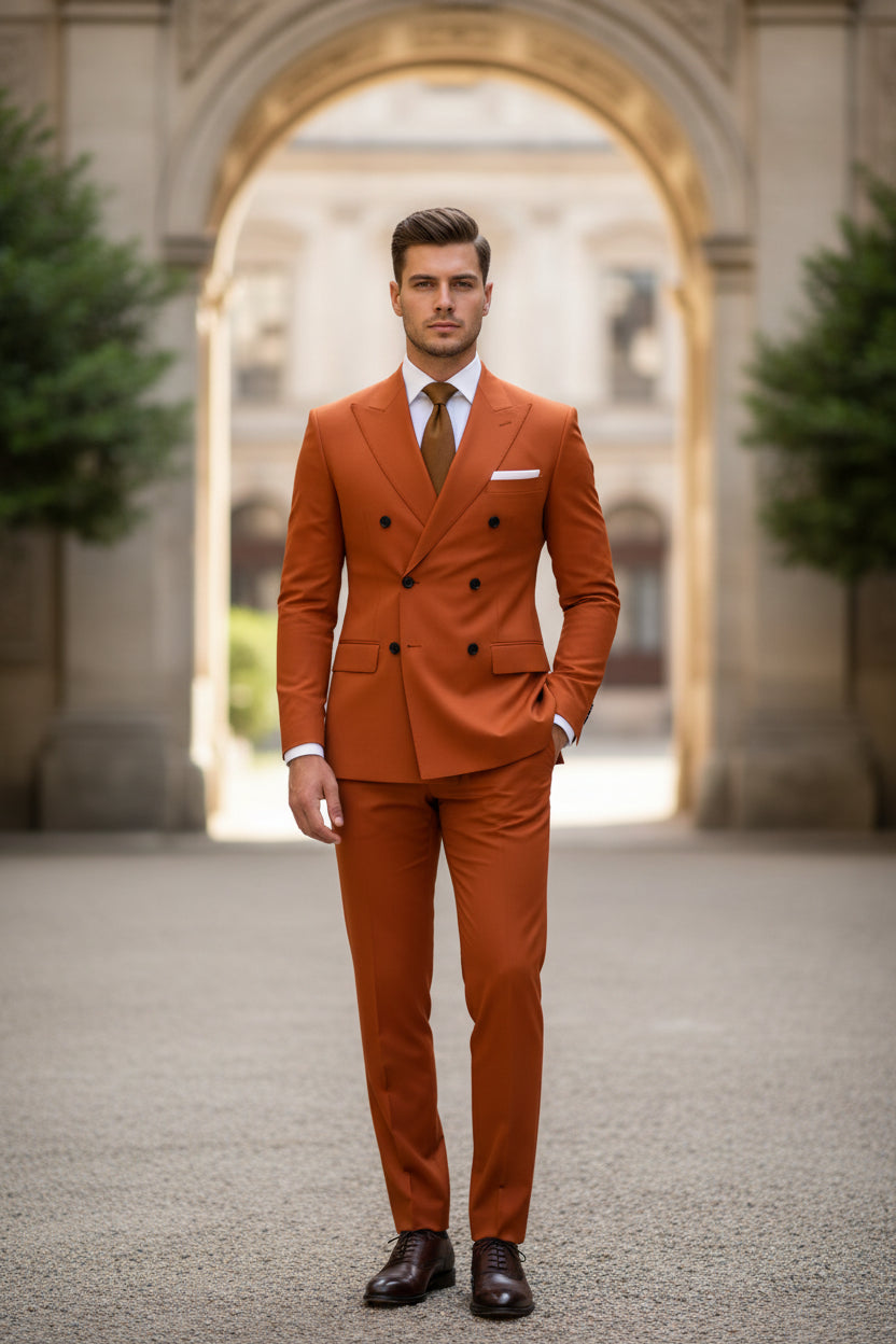Orange suit with a white shirt and brown tie on a white background