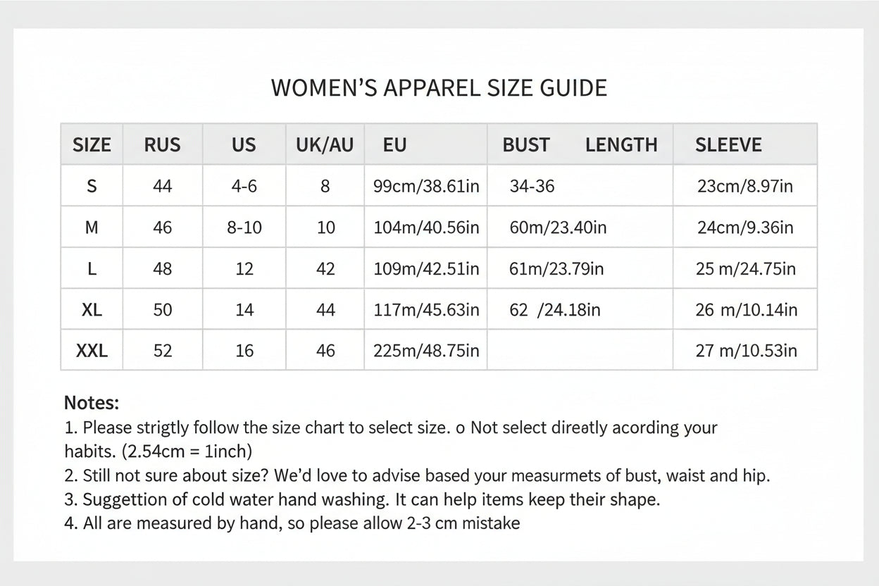 Size chart for clothing with measurements in centimeters and inches.