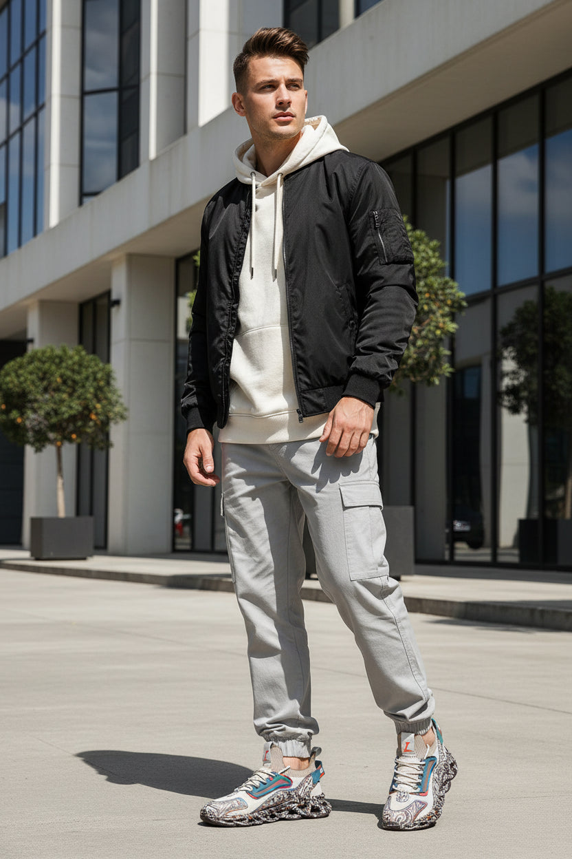 Pair of stylish sneakers with a reflective surface on a gray background
