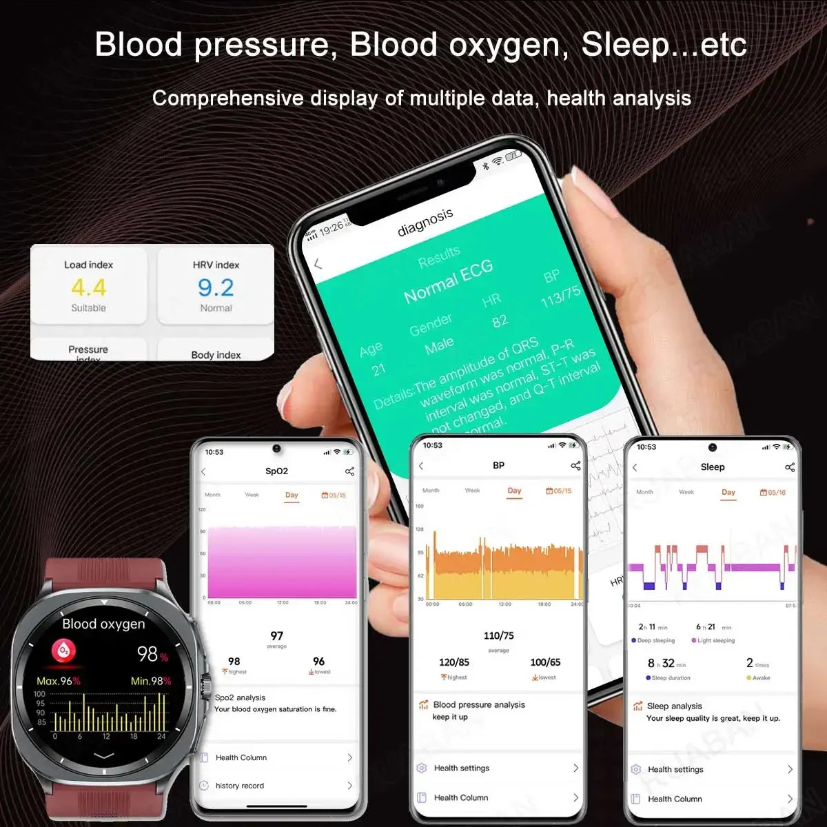 Smartwatch and smartphones displaying health monitoring apps with various health metrics.