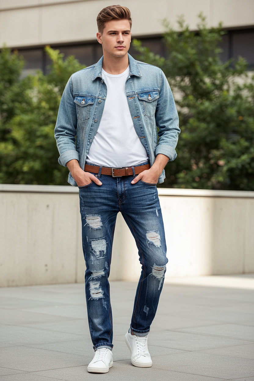 Distressed blue jeans with a brown belt on a wooden deck with a cloudy sky background