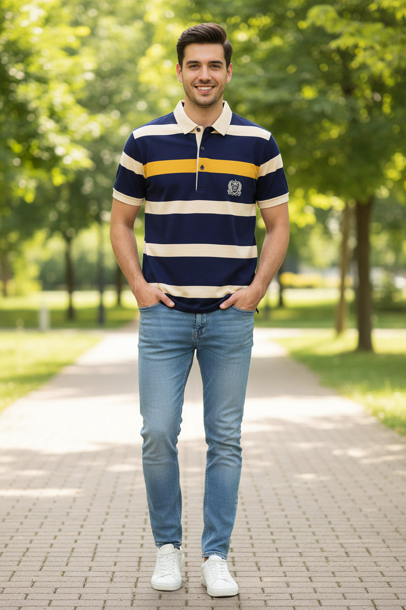 Navy blue polo shirt with white and yellow stripes on a gray background