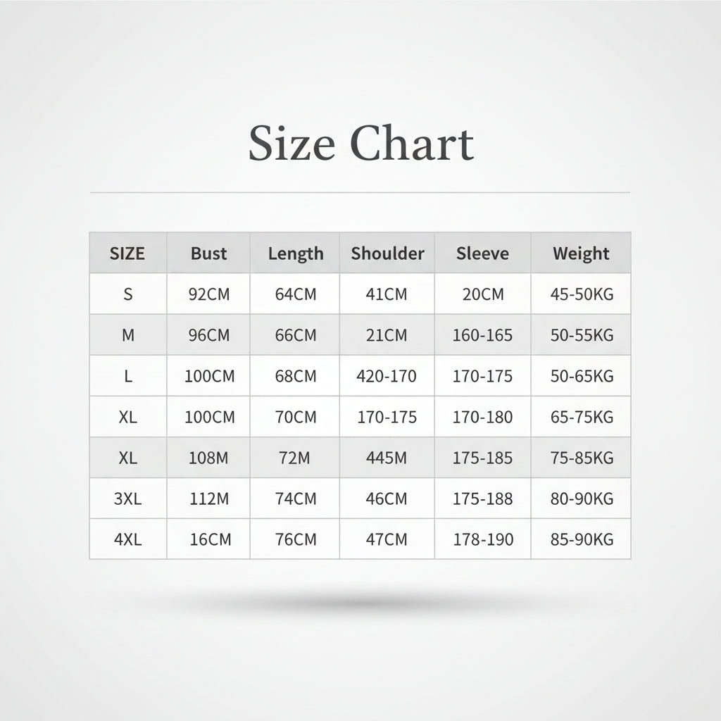 Size chart for clothing measurements on a white background