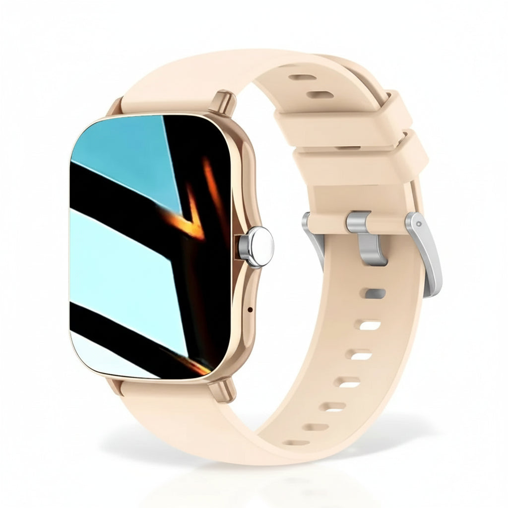 Beige smartwatch with a detailed display on a beige background
