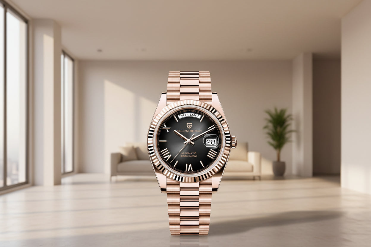 Rose gold watch with black dial on a white background, featuring brand logo and technical specifications.