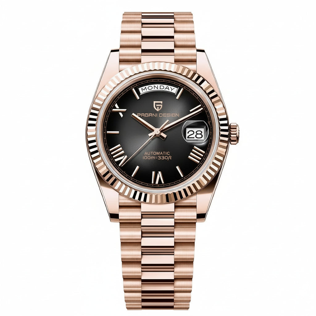 Rose gold watch with black dial on a white background, featuring brand logo and technical specifications.