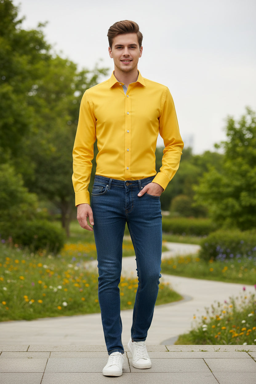 Yellow shirt with a checkered inside collar on a white background