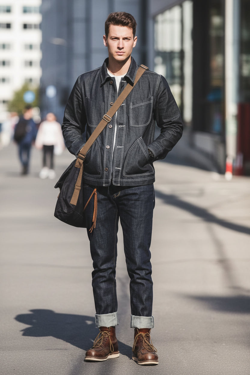 Person wearing a dark jacket, jeans, and boots with a face mask outdoors.