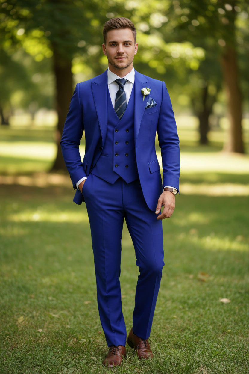 Blue suit with a tie and pocket square on a white background