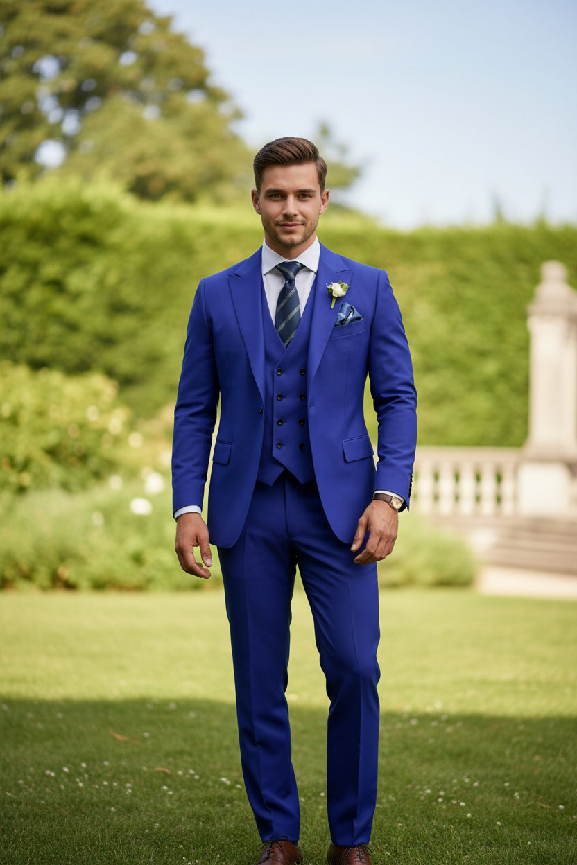 Blue suit with a tie and pocket square on a white background