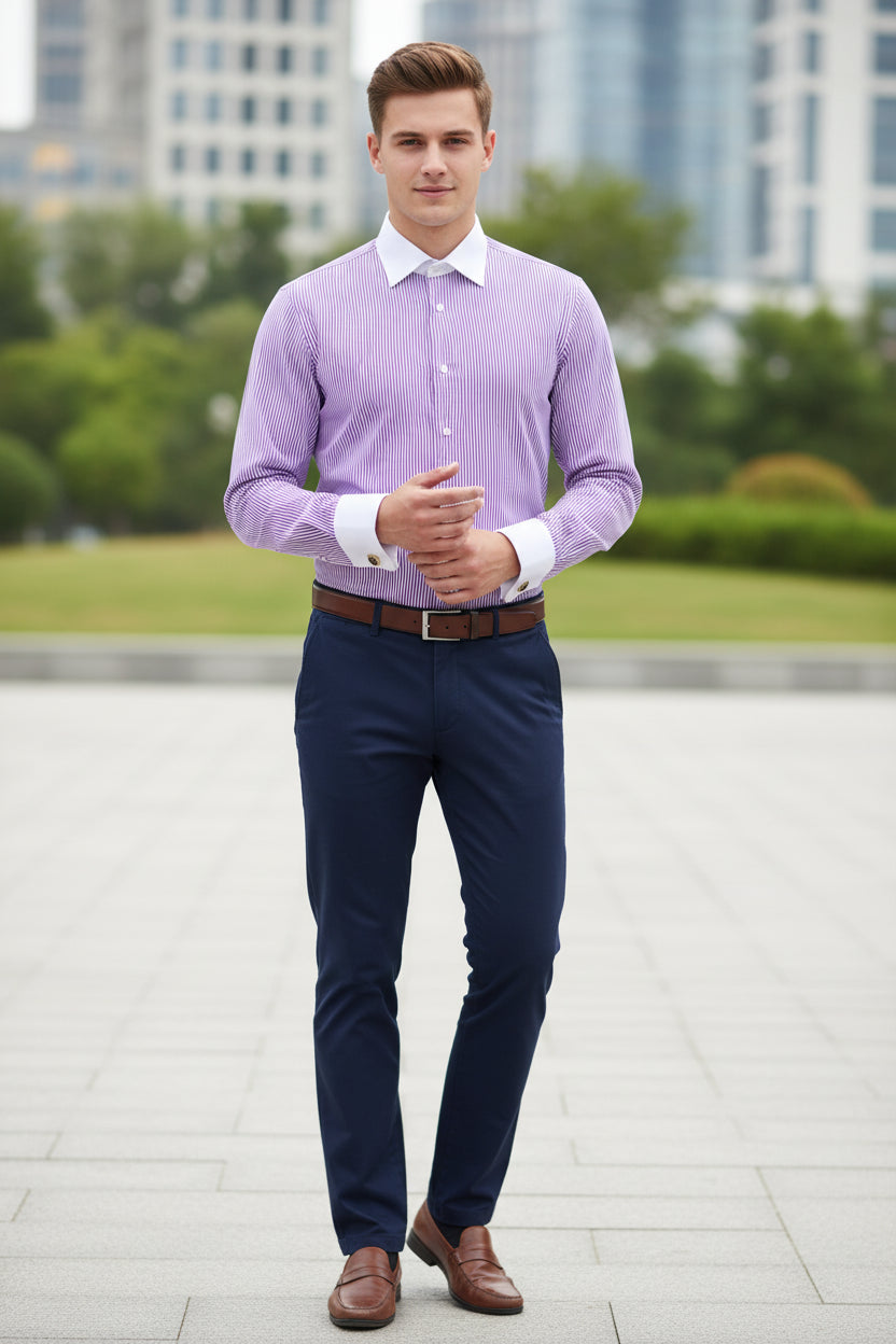 Purple and white striped shirt with cufflinks on a white background