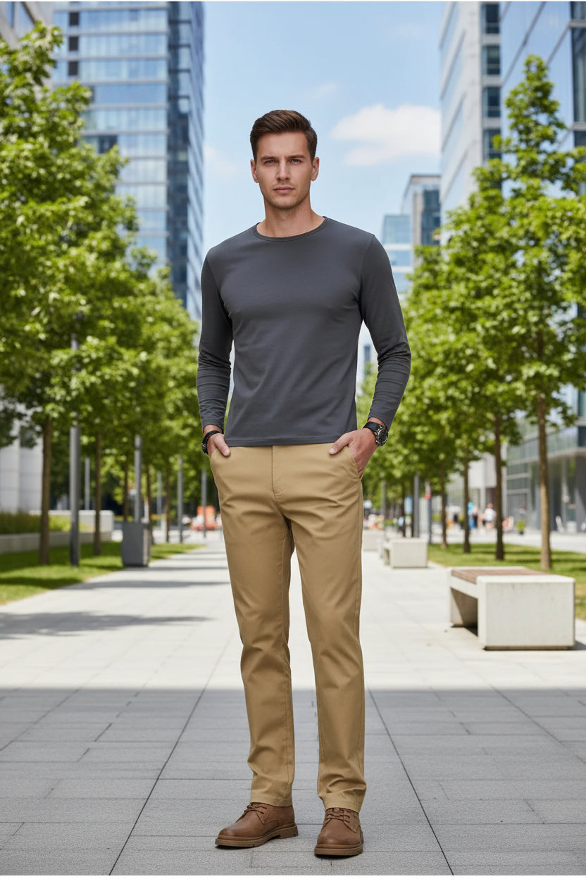 Beige pants worn by a person on a gray background with a brand logo at the top.
