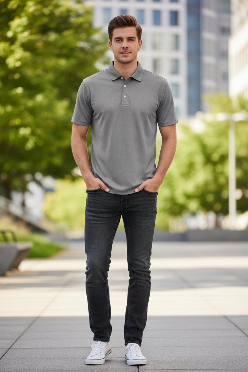 Gray polo shirt on a white background