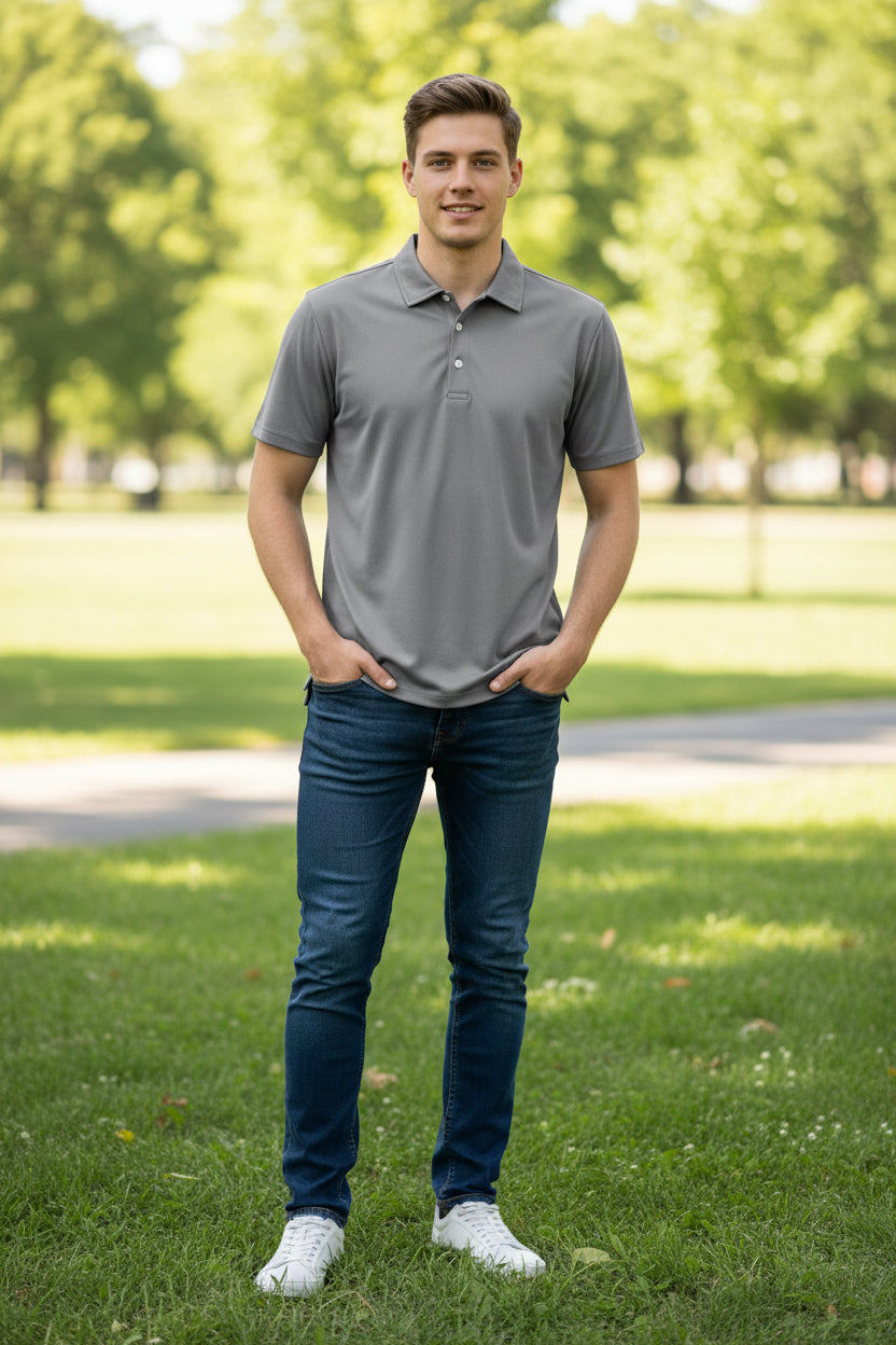 Gray polo shirt on a white background
