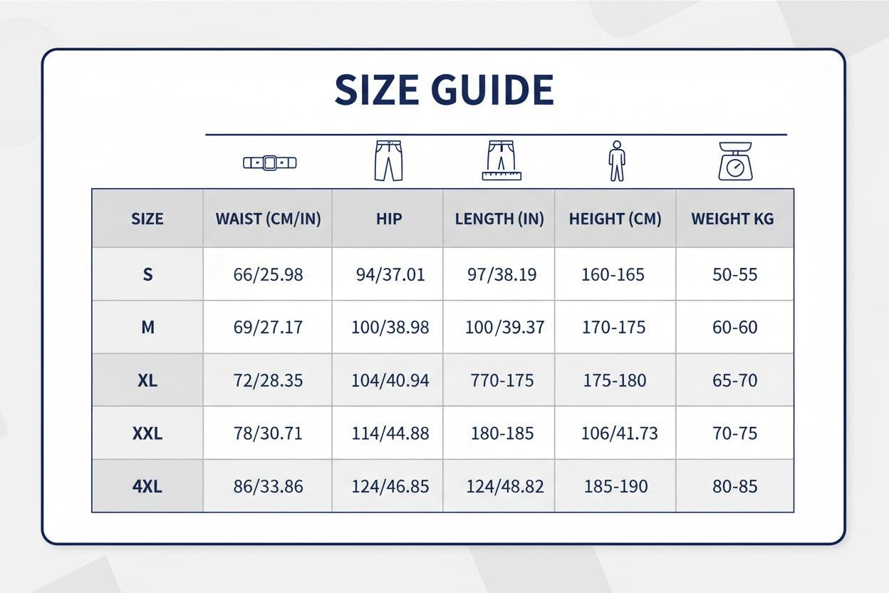 Navy pants with size chart and washing instructions on a white background