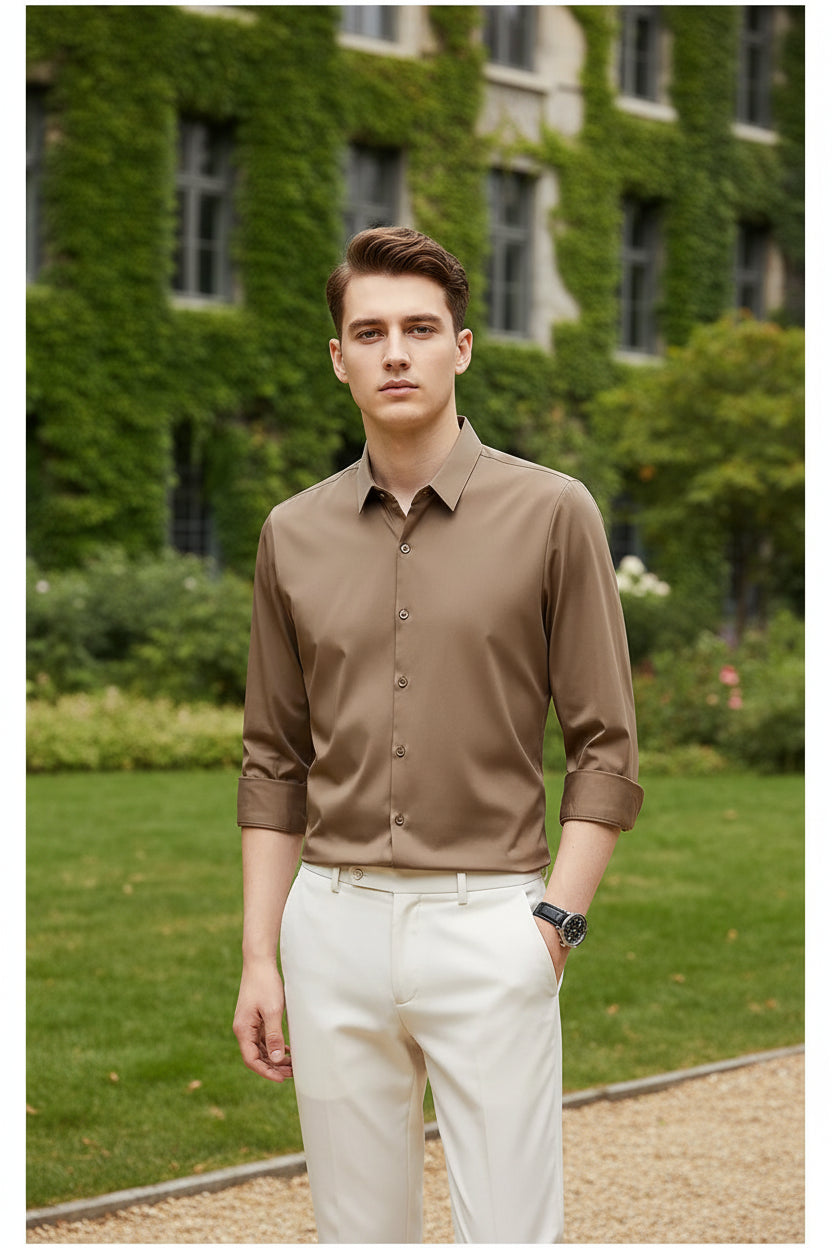 Brown button-up shirt worn by a person on a black background
