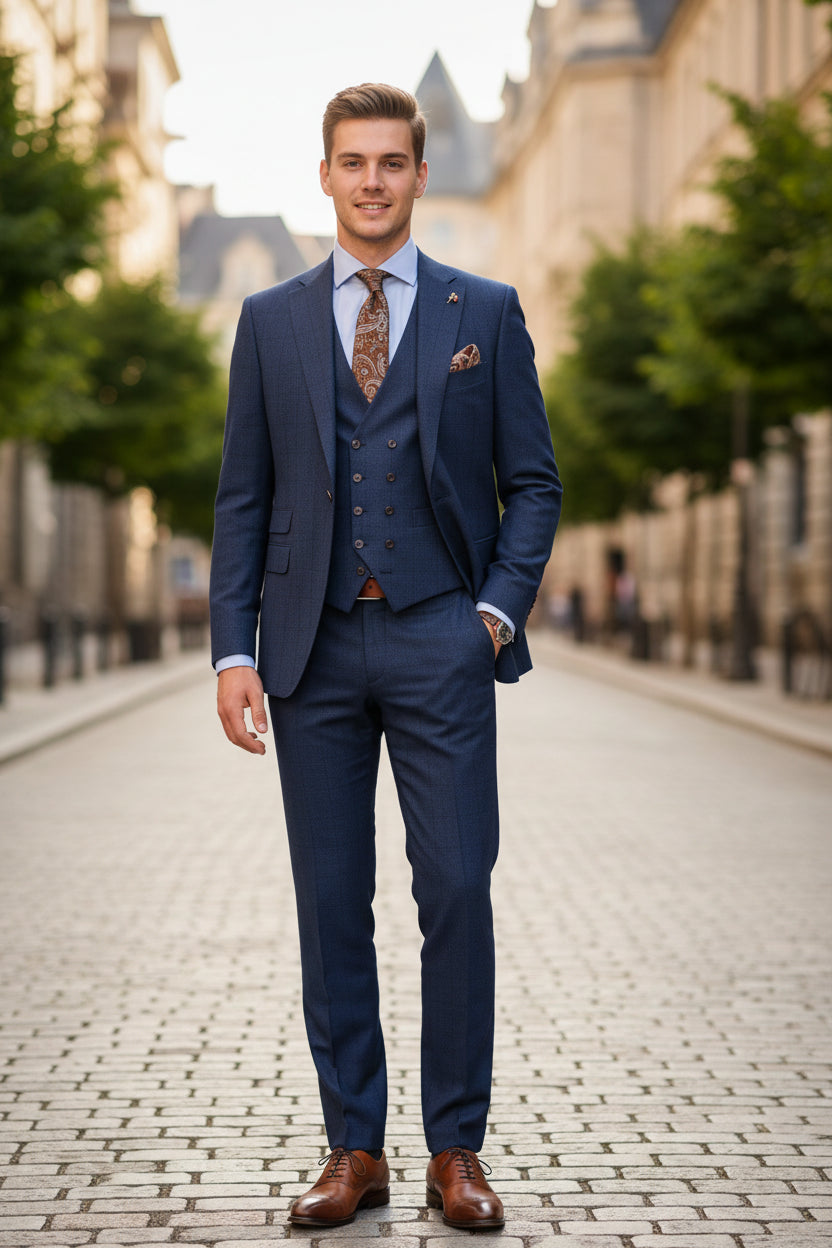 Gray checkered suit jacket on a mannequin with a matching waistcoat and pants displayed against a neutral background.