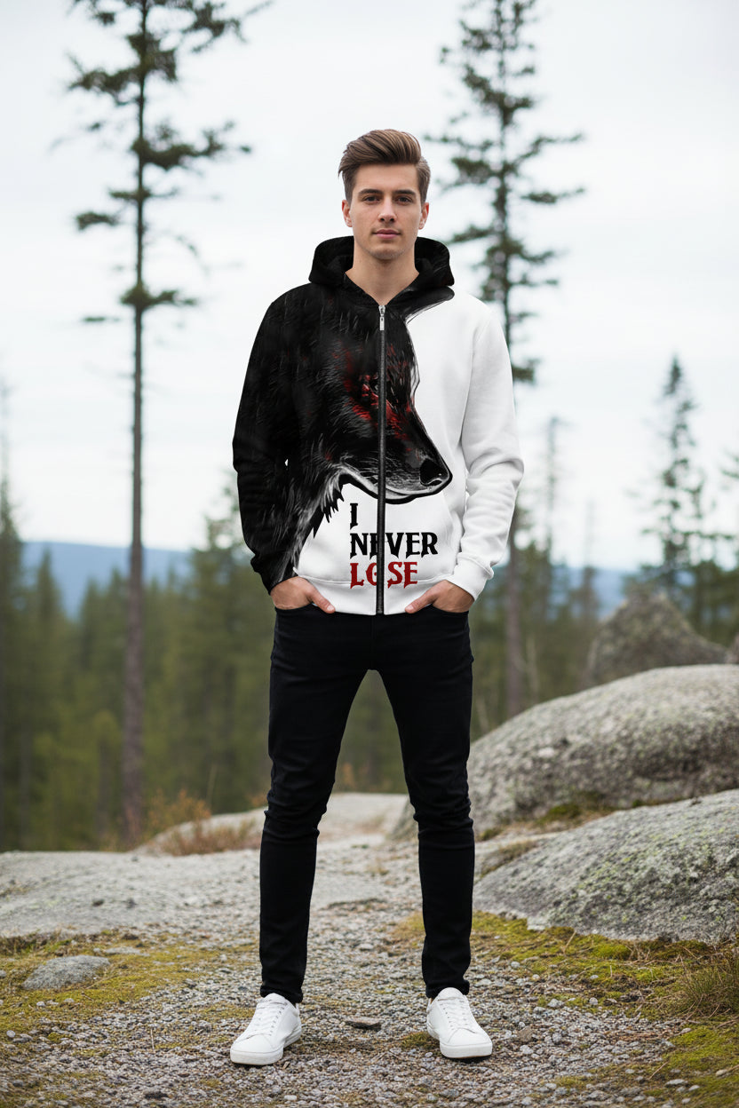 Hoodie with wolf design and 'I Never Lose' text on a white background