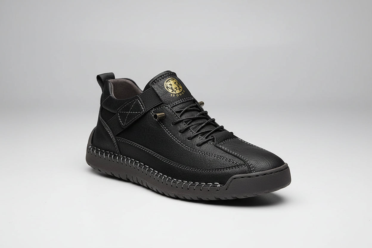Black sneaker with a brand logo on a wooden block against a beige background