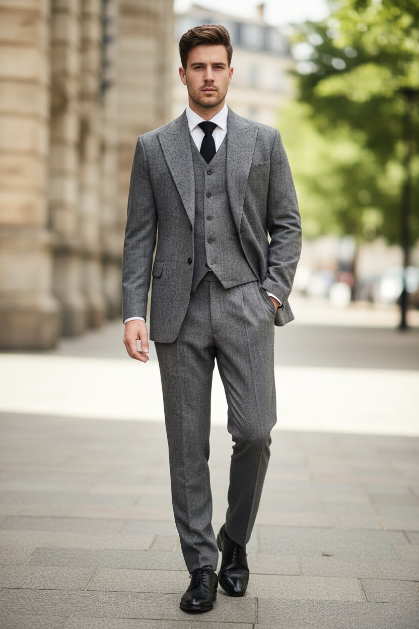 Gray suit with a white shirt and black tie against a blurred background