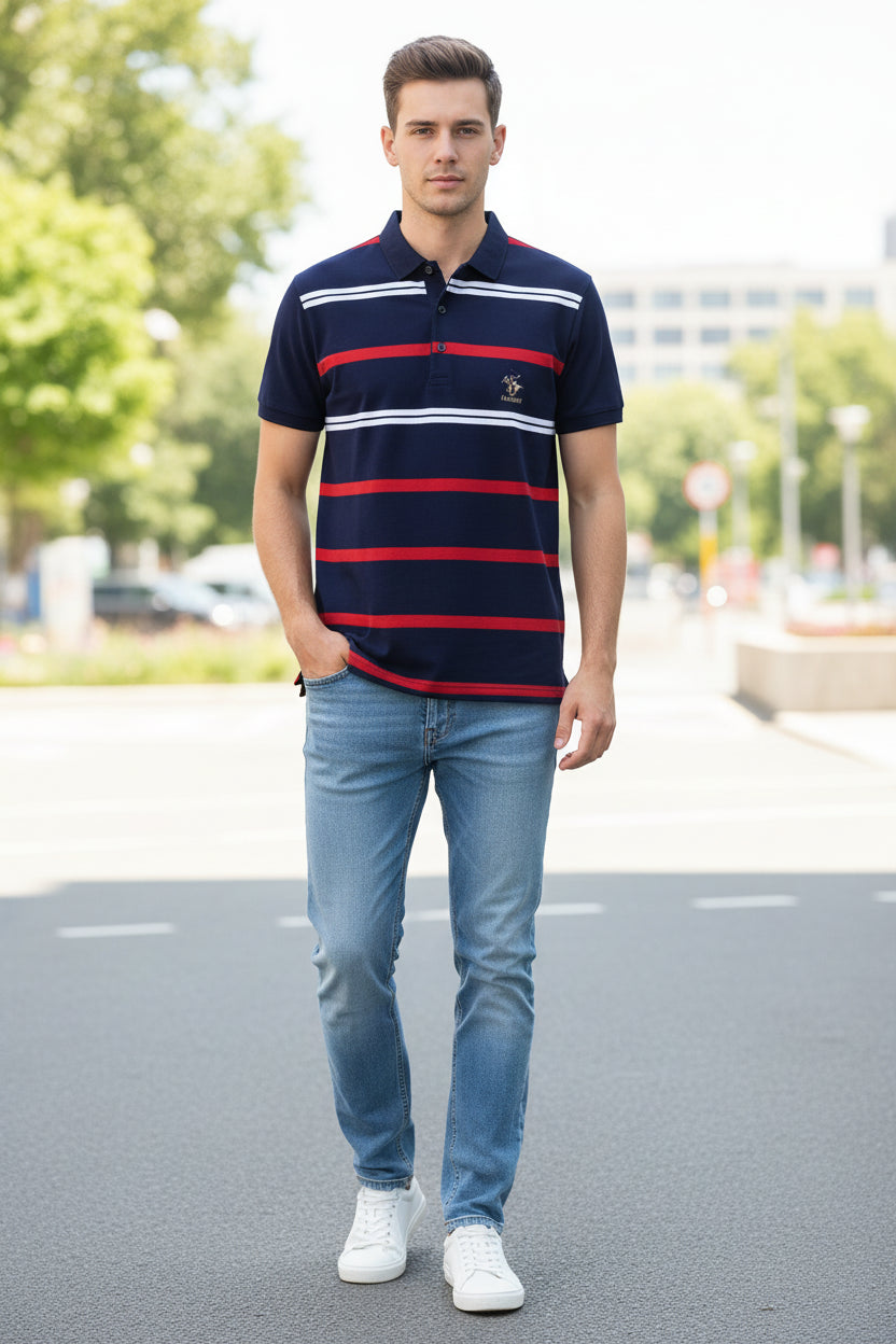 Navy blue polo shirt with red and white stripes on a gray background