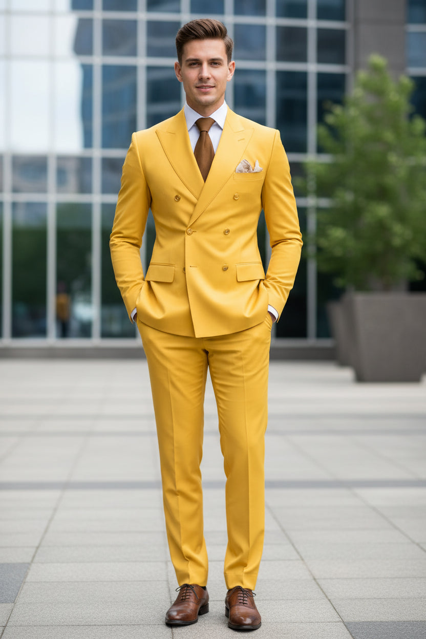 Yellow suit with a brown tie and white shirt on a dark background