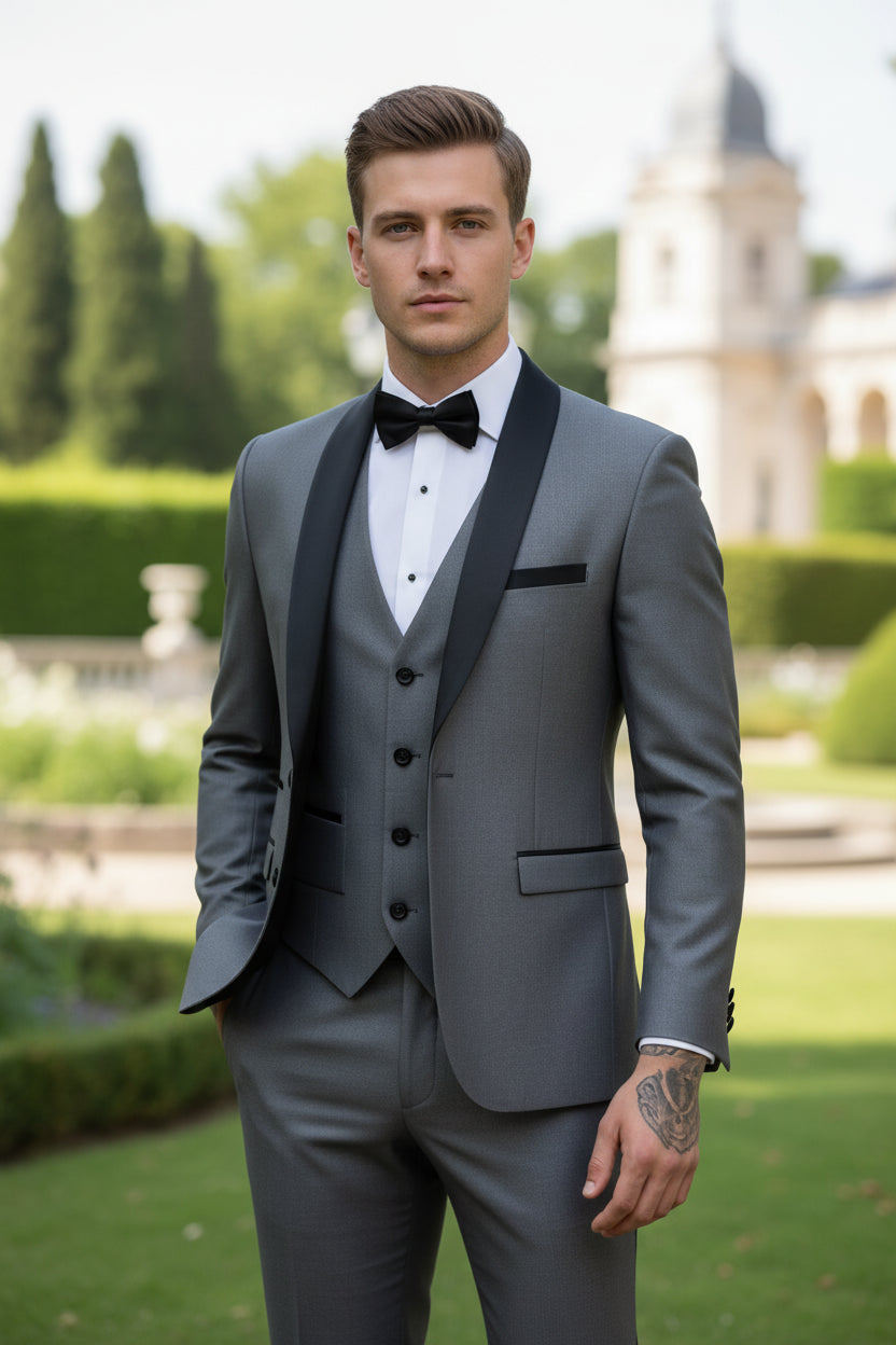 Gray tuxedo with black lapels and bow tie on a gray background