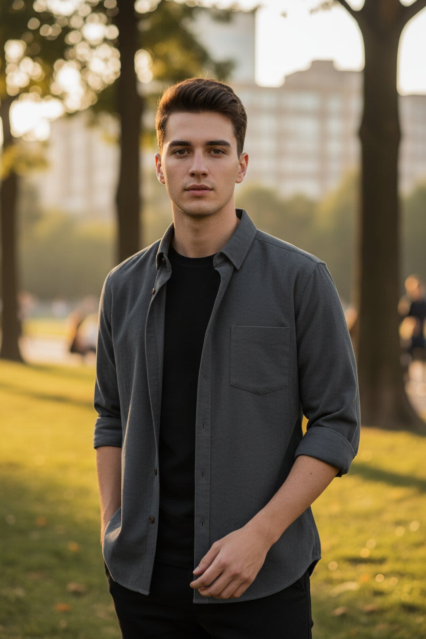 Men's Long Sleeve Button Down Shirt - Fine Striped Corduroy