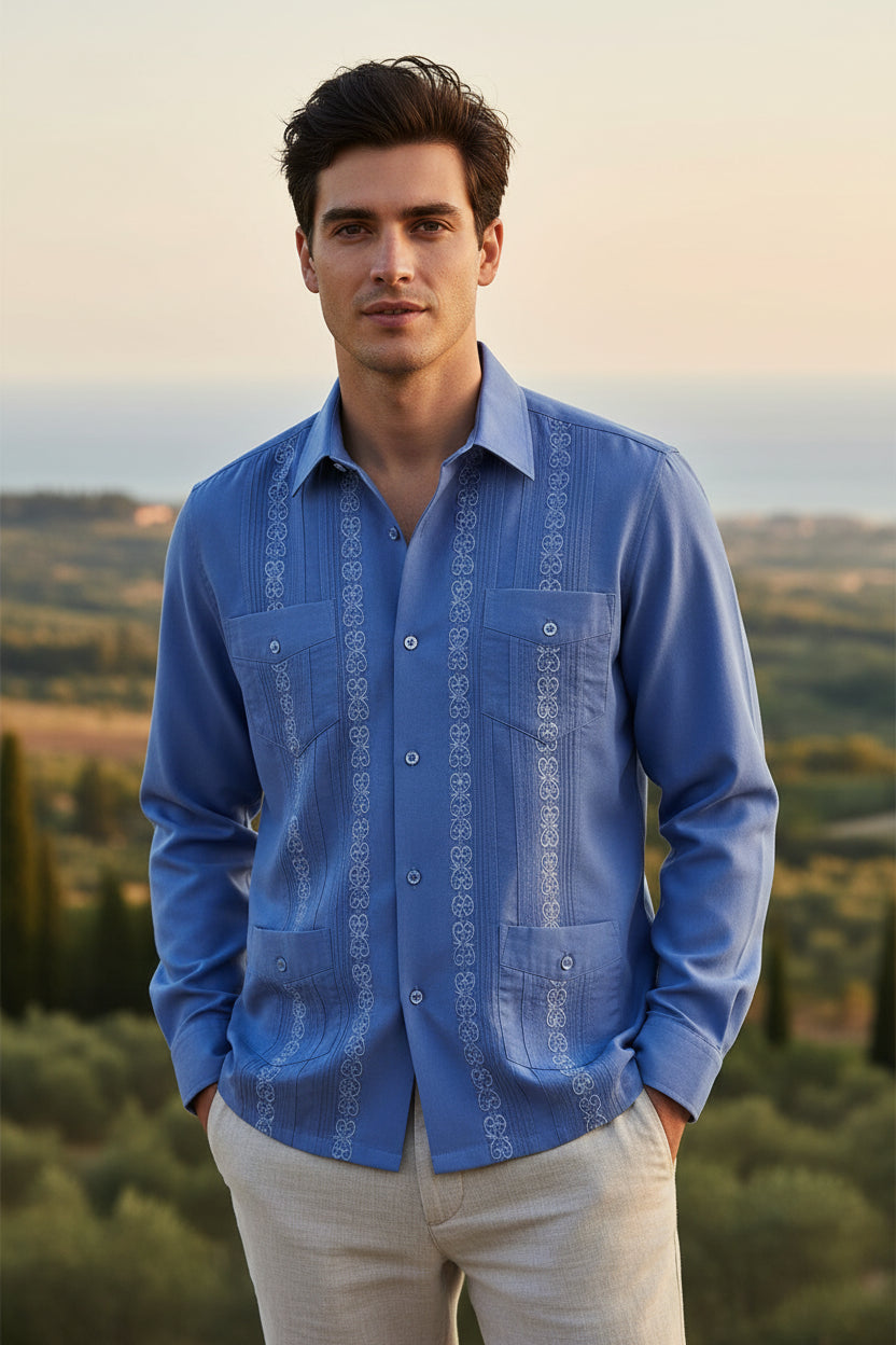 Blue shirt with decorative patterns on a white background