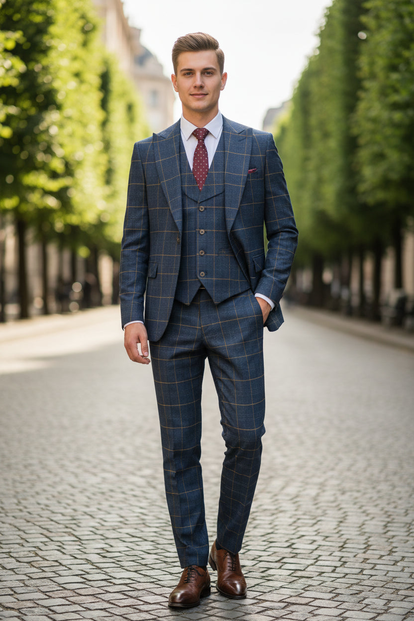 Blue checkered suit on a mannequin with a red tie against a beige curtain background