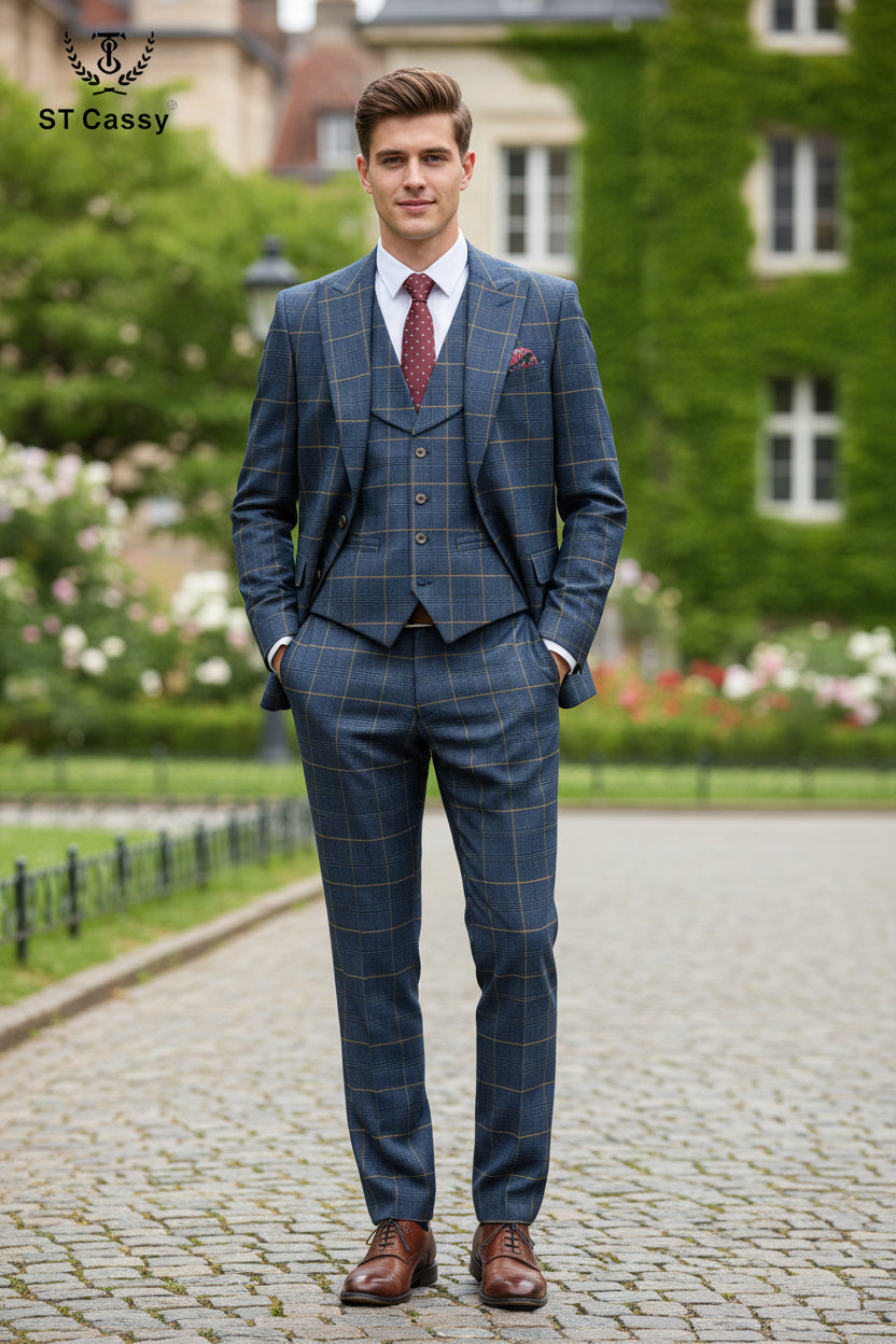 Blue checkered suit on a mannequin with a red tie against a beige curtain background