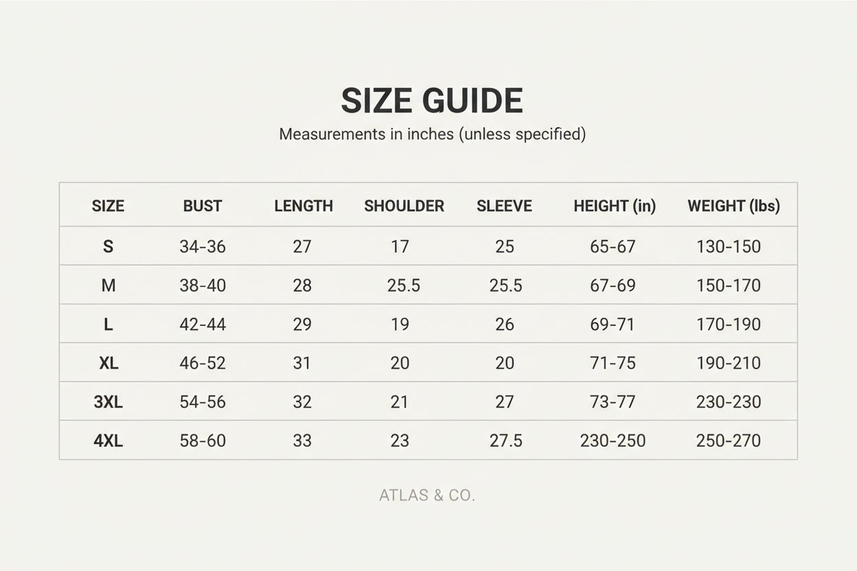 Size chart for clothing with measurements in centimeters and weight in kilograms.