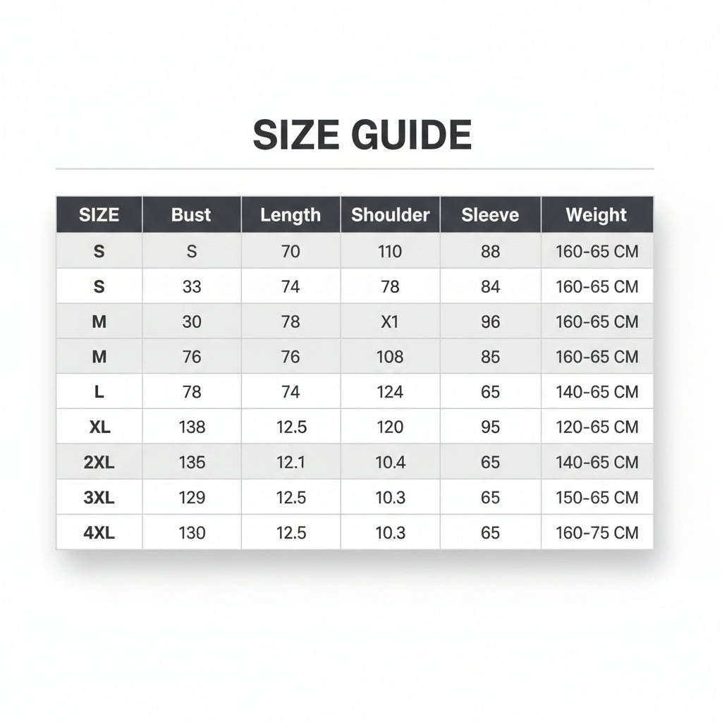 Size chart for clothing with measurements in centimeters and weight in kilograms.