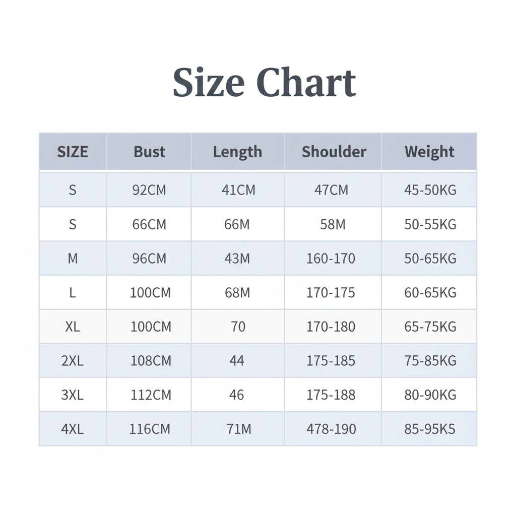 Size chart for clothing with measurements in centimeters and weight in kilograms.