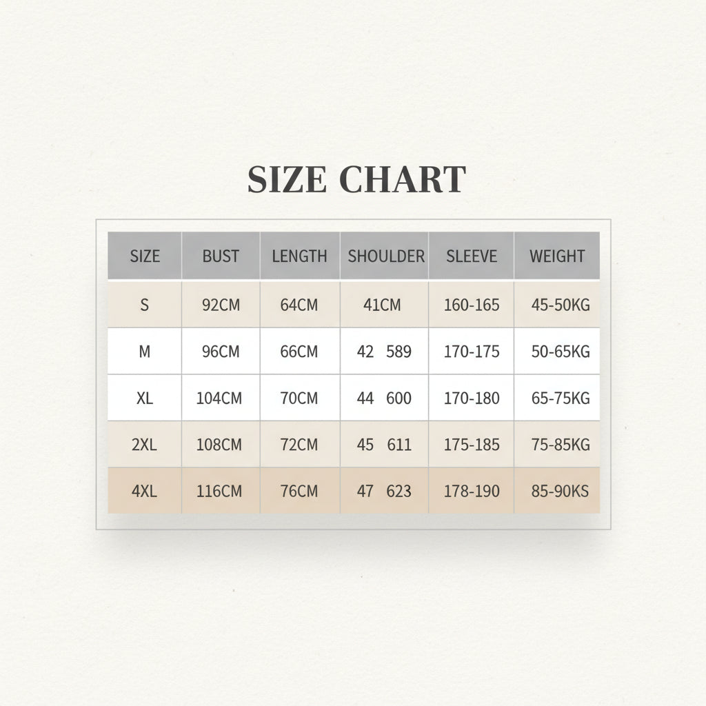Size chart for clothing with measurements in centimeters and weight in kilograms.