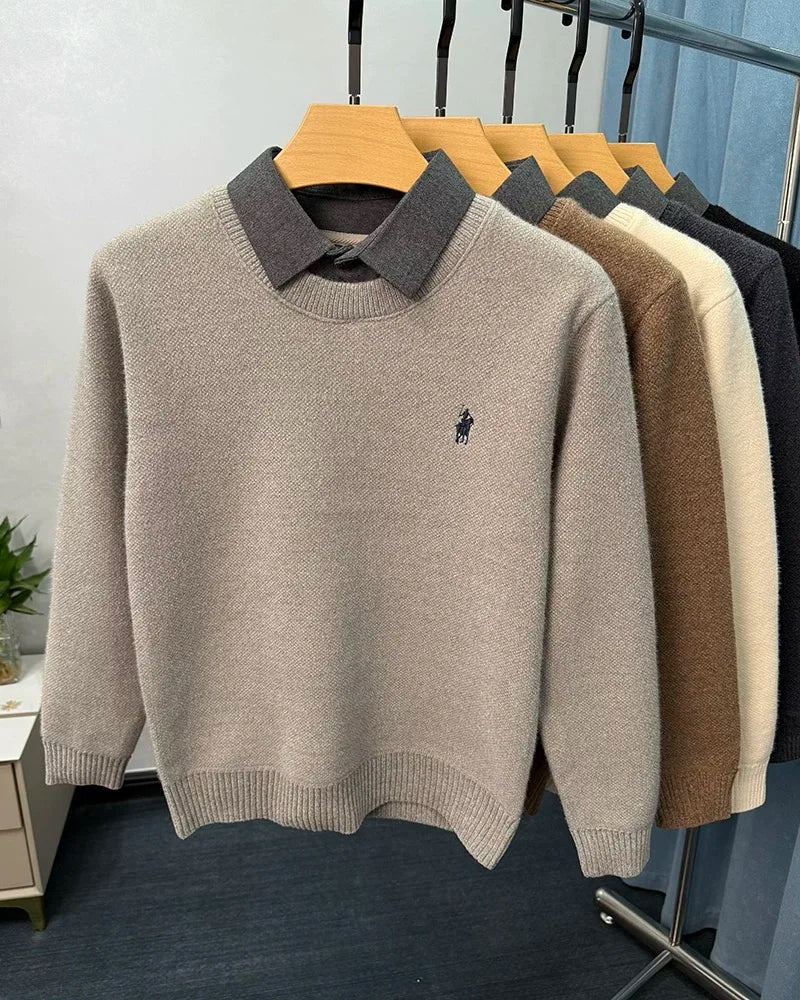 High end trendy pony embroidery men's sweater luxury brand fashion Paul winter velvet warm striped shirt collar knitted pullover