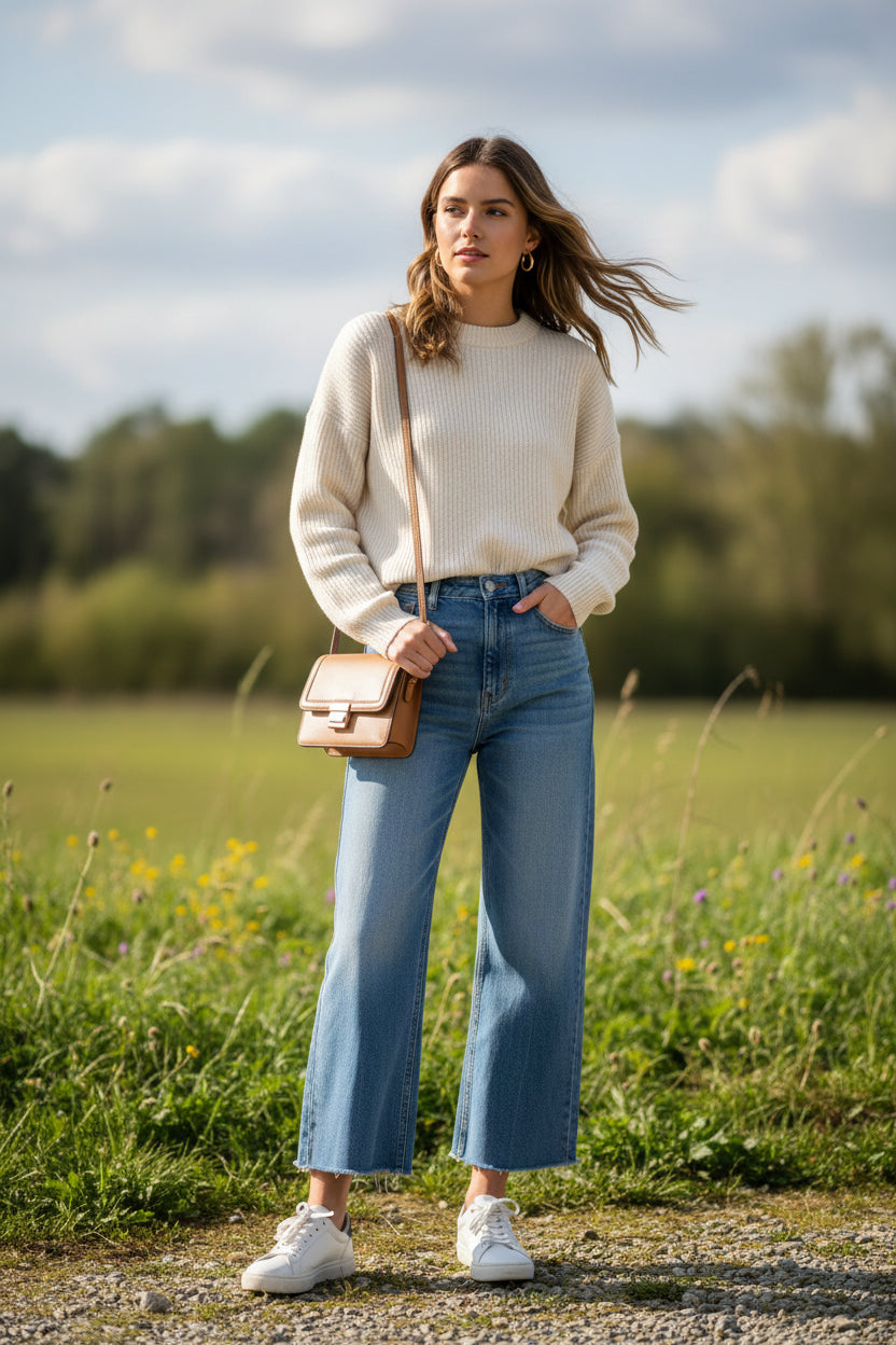 Woman wearing a white top with heart designs and blue jeans indoors.