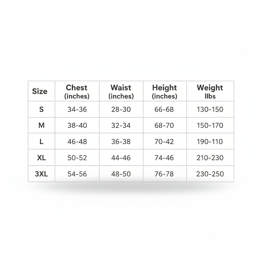 Size chart for clothing with Asian size, fit weight, and fit height measurements.