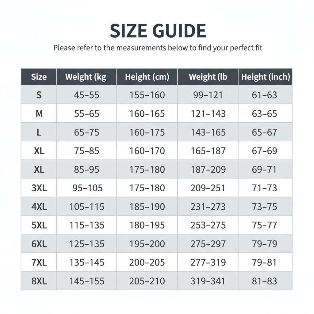 Size chart for clothing with Asian size, fit weight, and fit height measurements.
