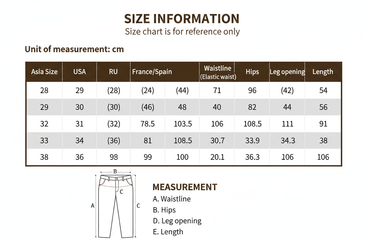 Size chart for pants with measurements in centimeters