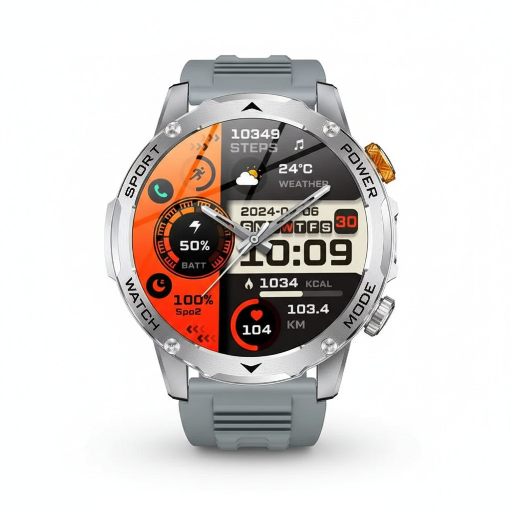 Smartwatch with gray band and colorful display, featuring various functions on a white background.