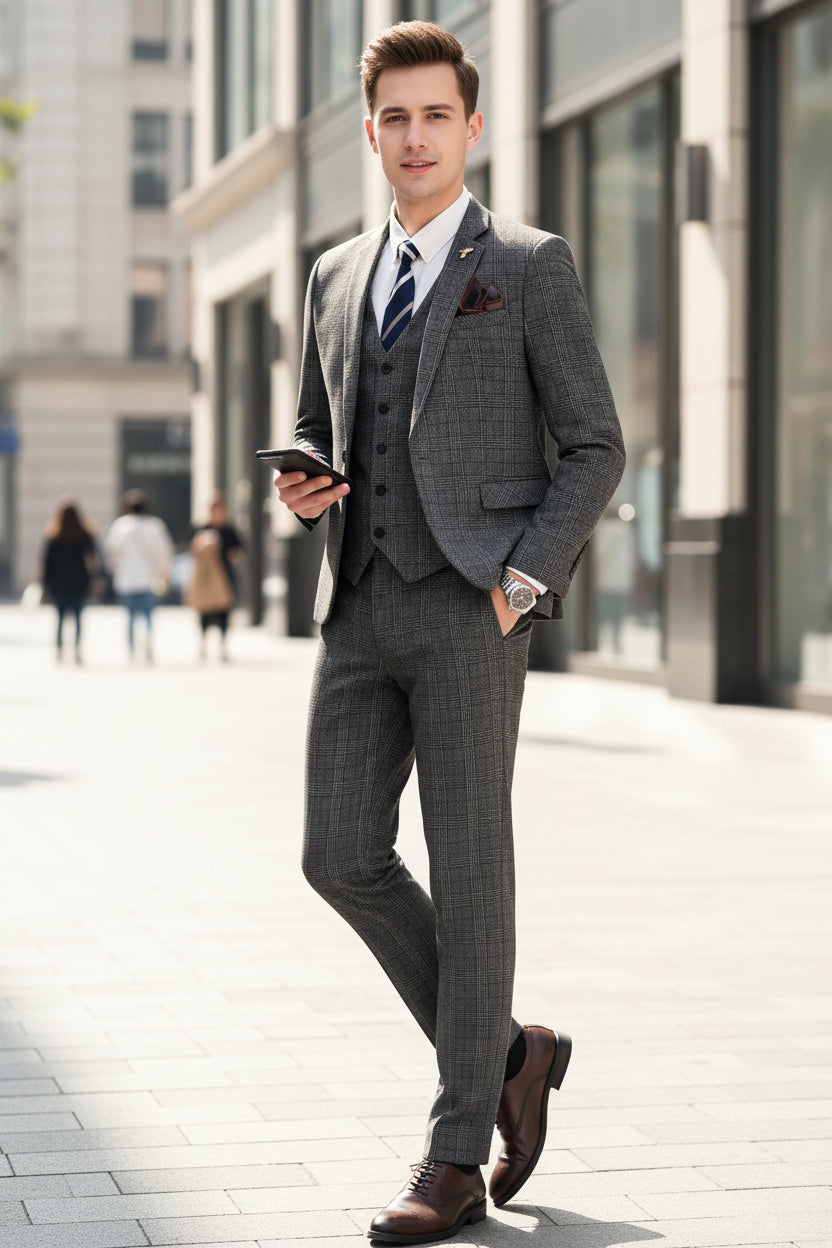 Man wearing a gray checkered suit with a white shirt and striped tie, holding a phone, standing against a marble wall.