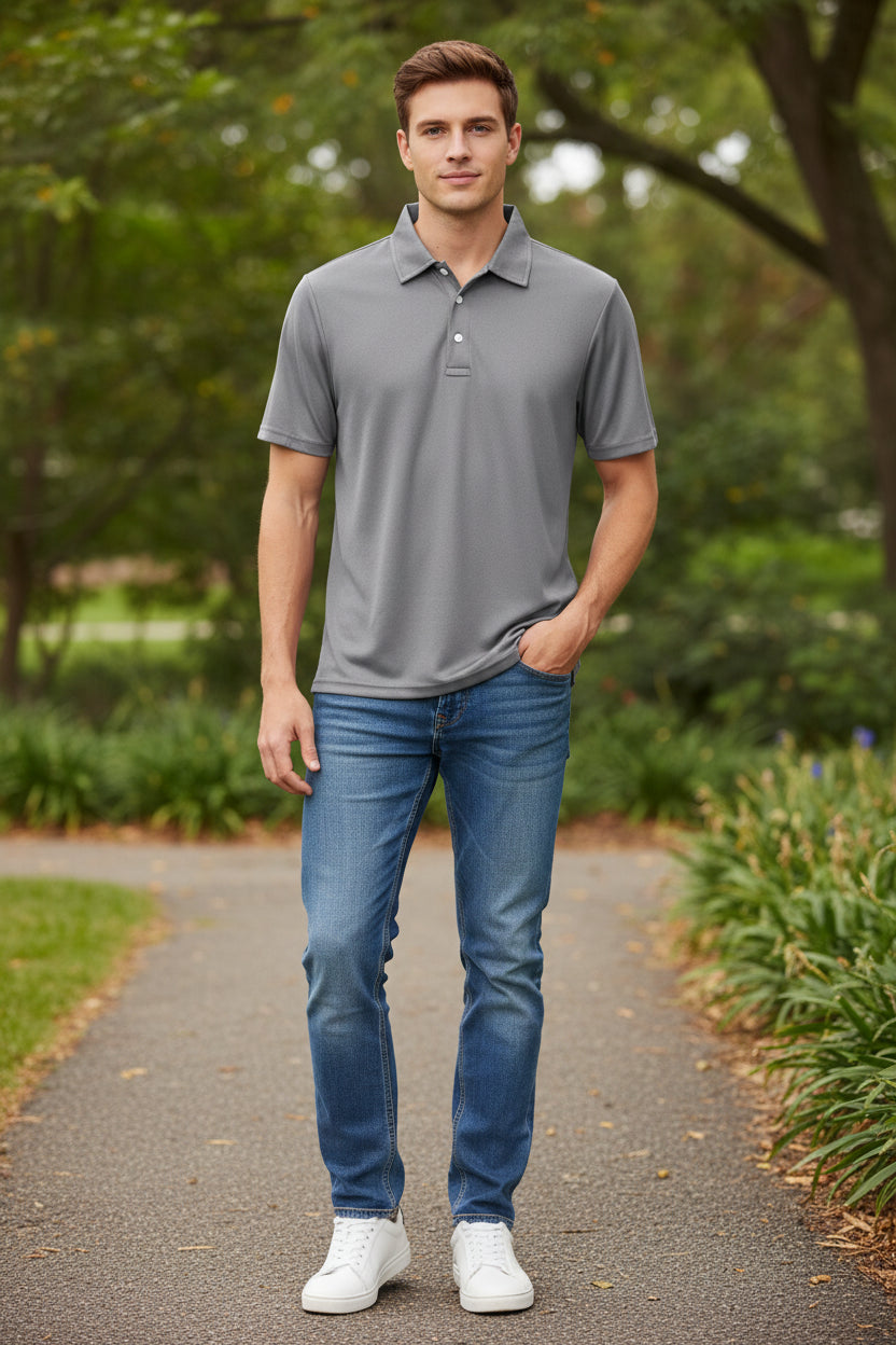 Man wearing a gray polo shirt and light blue jeans on a white background