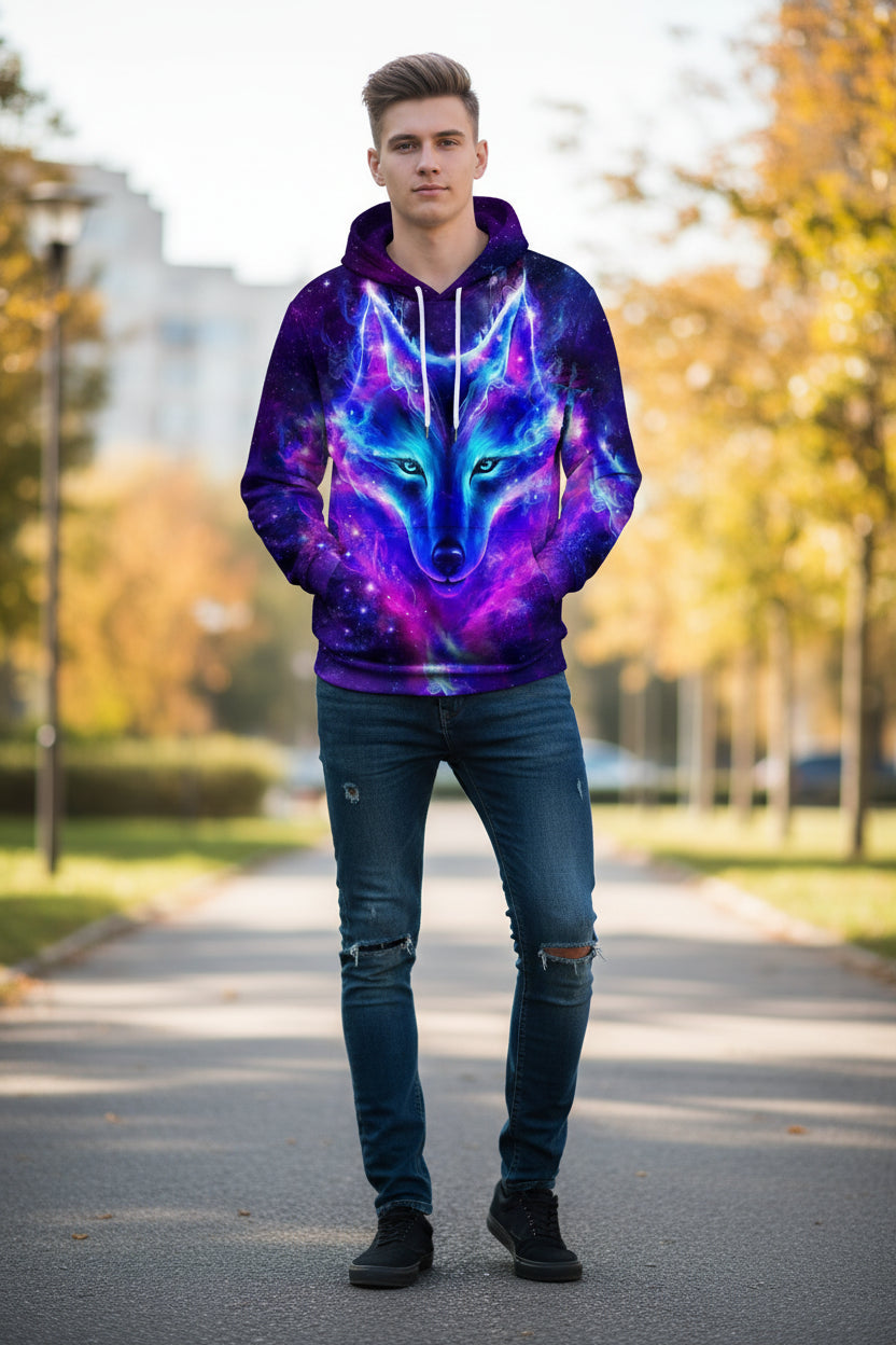 Hoodie with a galaxy-themed wolf design on a white background