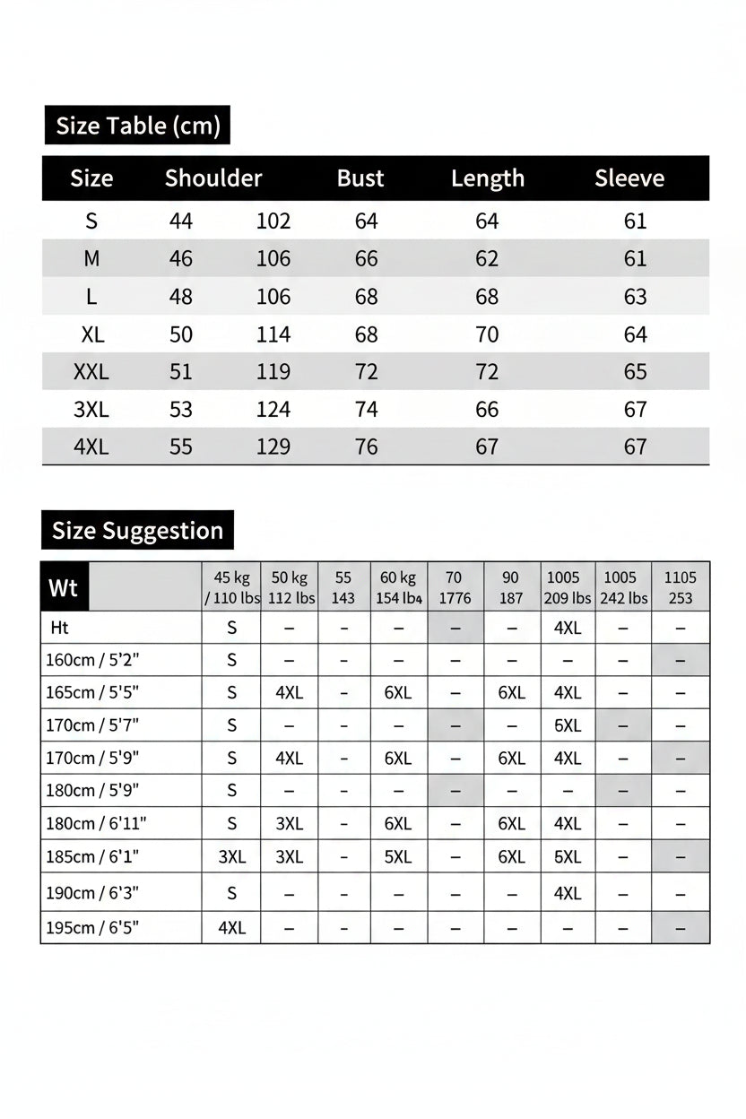 Size chart for clothing with measurements in centimeters