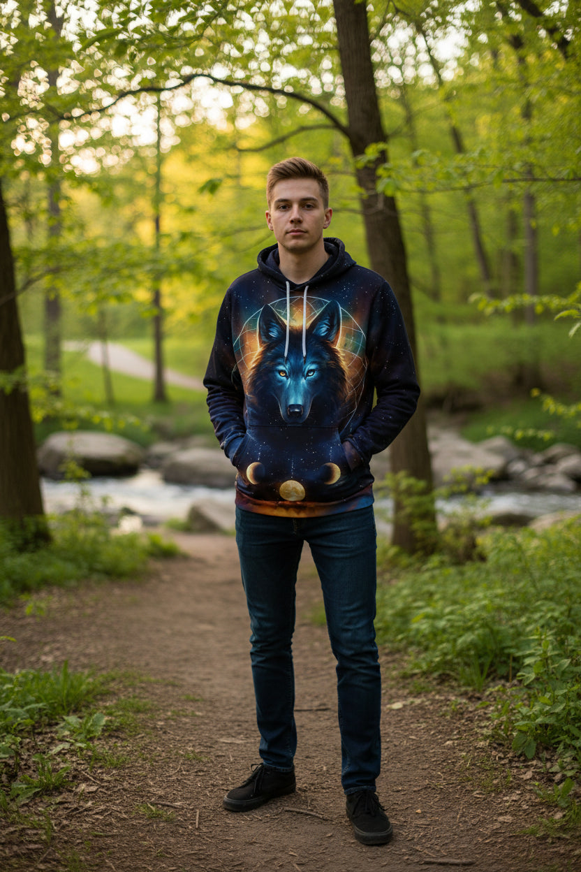 Hoodie with a wolf and moon design on a starry background